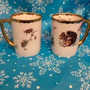 Vintage gold plate squirrel mugs signed “Mary Evelyn 1967” on both coffee cups